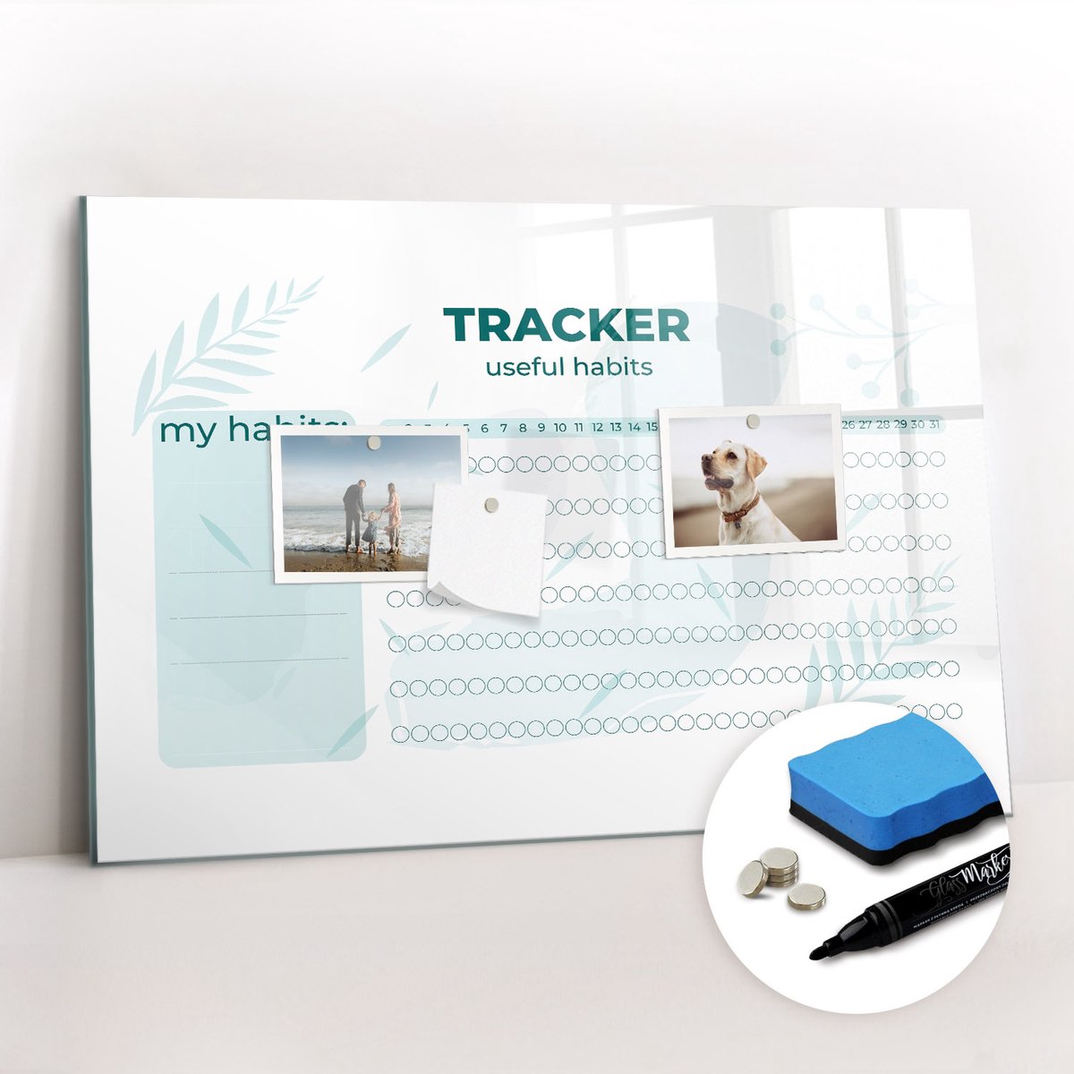 Tulup Whitebord - Gewoonteplanner - 60 x 40 cm - Groente Magneetbord Muur - Gratis 5 Sterke Magneten + Whiteboard Marker & Wisser - Design Memobord - Magneetbord Muur - Ideeënbord Thuiswerkplek