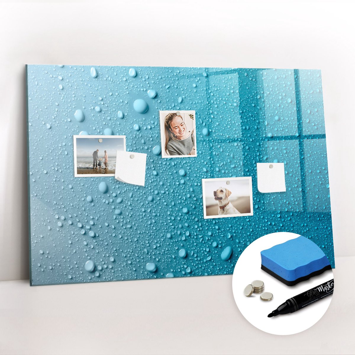 Tulup Whitebord - waterdruppels - 90 x 60 cm - Turkoois Foto Magneetbord - Gratis 5 Sterke Magneten + Whiteboard Marker & Wisser - Moderne Wanddecoratie - Memobord Keuken - Planning Muur