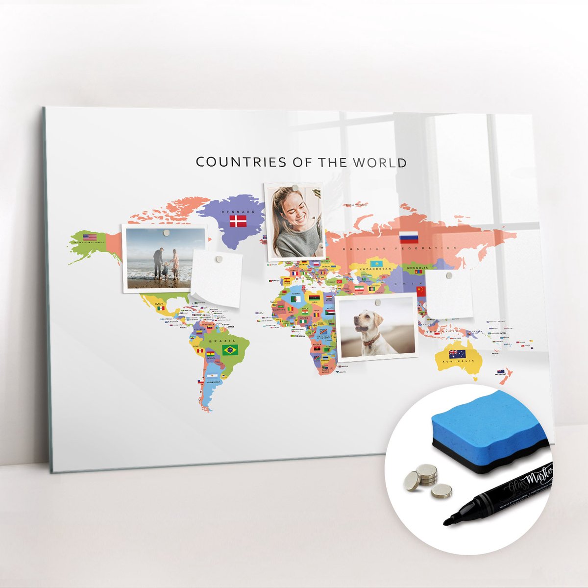 Tulup Whitebord - Kaart van nationale vlaggen - 90 x 60 cm - Veelkleurig Magneetbord Foto - Gratis 5 Sterke Magneten + Whiteboard Marker & Wisser - Industrieel Wandbord - Magneetbord Keuken - Inspiratiebord Kantoor