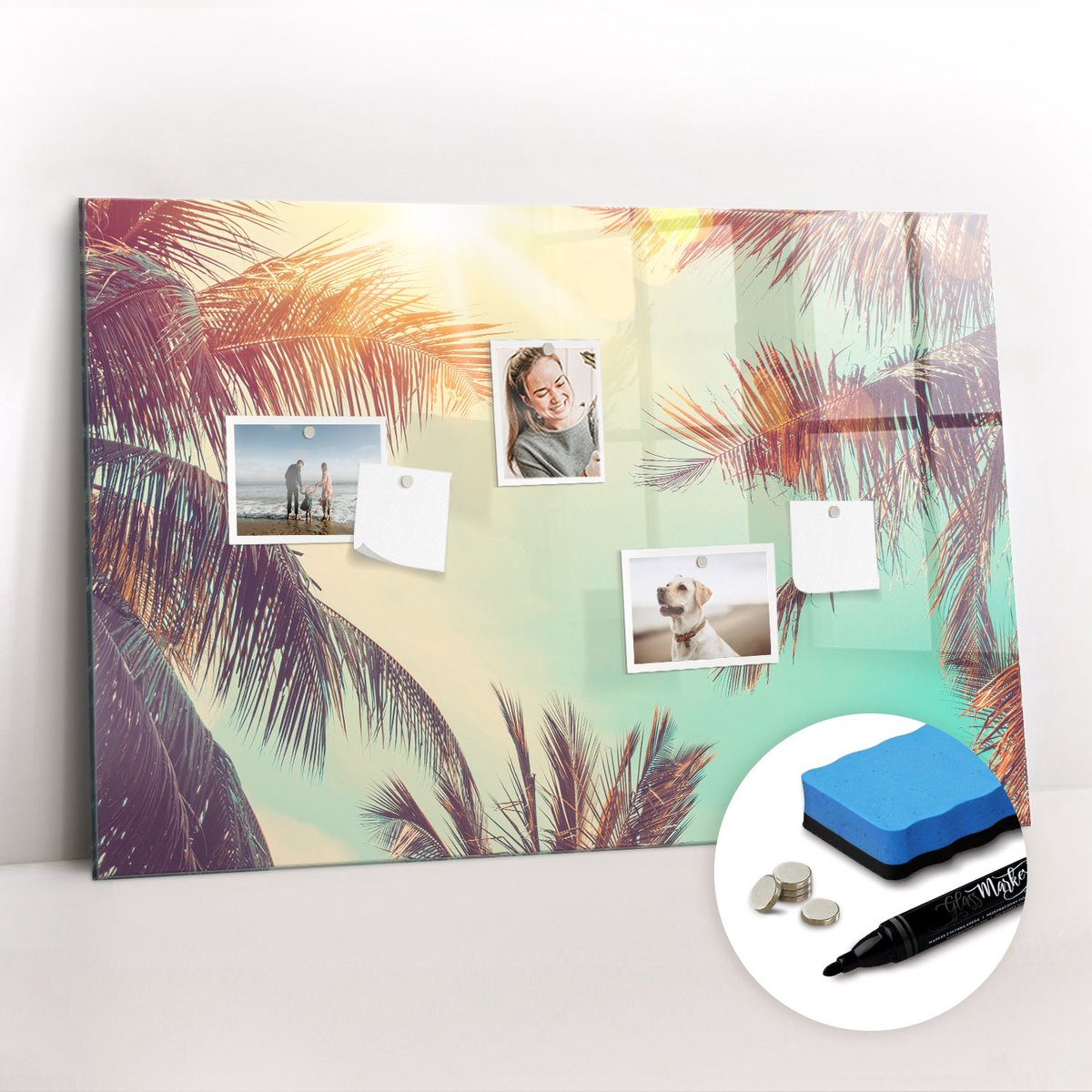 Tulup Whitebord - Tropische palmbomen - 90 x 60 cm - Veelkleurig Magnetisch Memobord - Gratis 5 Sterke Magneten + Whiteboard Marker & Wisser - Moderne Wanddecoratie - Magnet Board - Notitiebord Werkplek