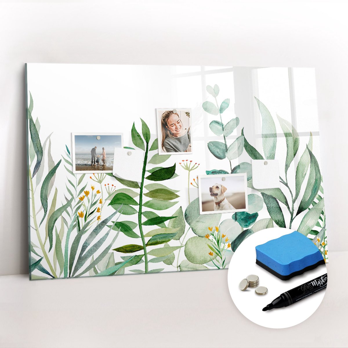 Tulup Whitebord - Aquarelbladeren - 90 x 60 cm - Groente Memobord Magnetisch - Gratis 5 Sterke Magneten + Whiteboard Marker & Wisser - Interieur Accessoires Kantoor - Memo Magneetbord - Inspiratiebord Kantoor