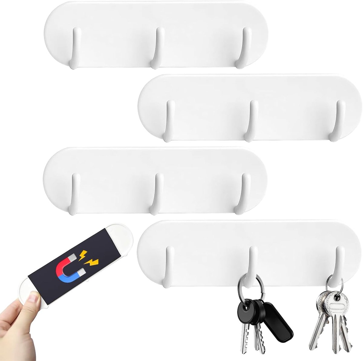 Magnetische Sleutelhangers Wandhaak 4 Stuks - Wit - Geen Boren - Organiseer je Sleutels Stijlvol - ShopVlot
