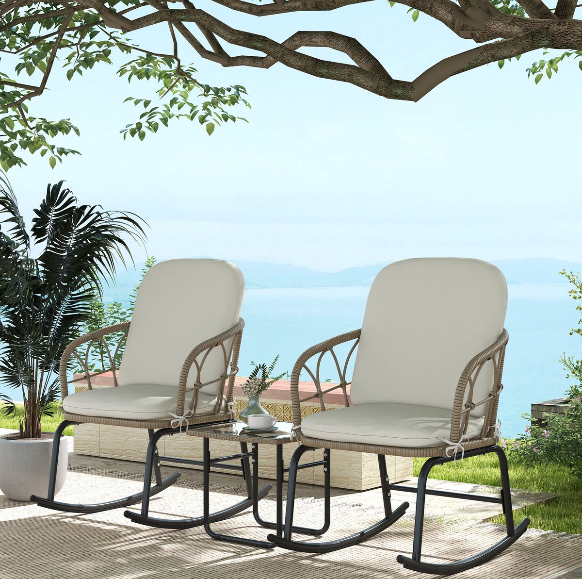 COVREO Tuinset 2 schommelstoelen en 1 couchtisch, beige rattan met kussens