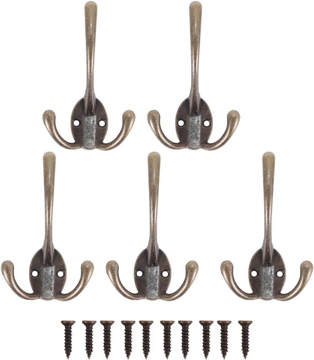 SnelShoppen - 5 Pcs Retro Wandhaken Zware Drievoudige Haken voor Jassen, Hoeden, Tassen, Badjassen, Handdoeken, Sjaals, Sleutels en Bekers (Vintage Br