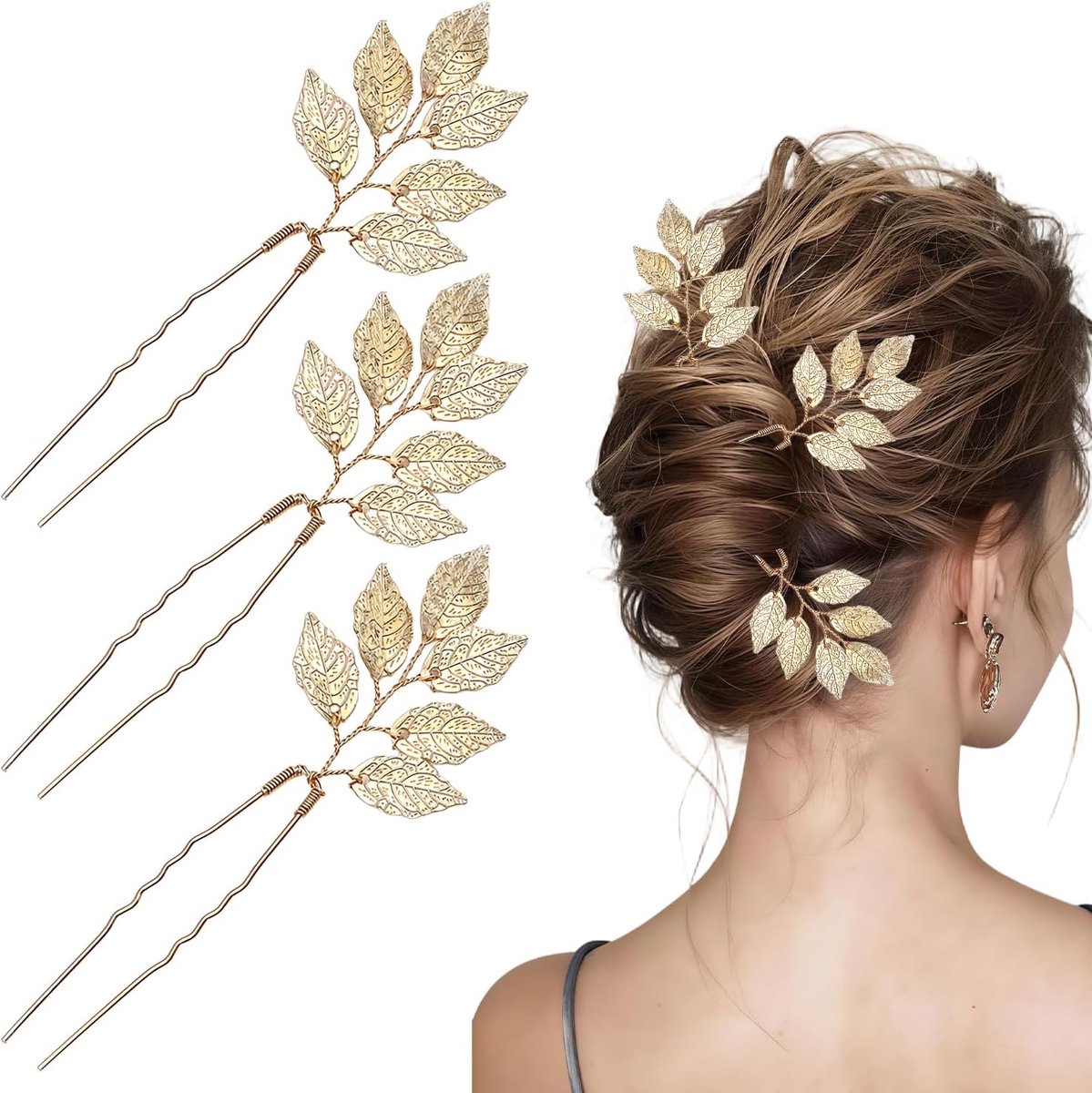 SnelShoppen - Set van 3 Gouden Blad Design Haarclips - U-Vormige Haaraccessoires voor Bruid, Bruidsmeisjes, Feesten, Huwelijk, Updos