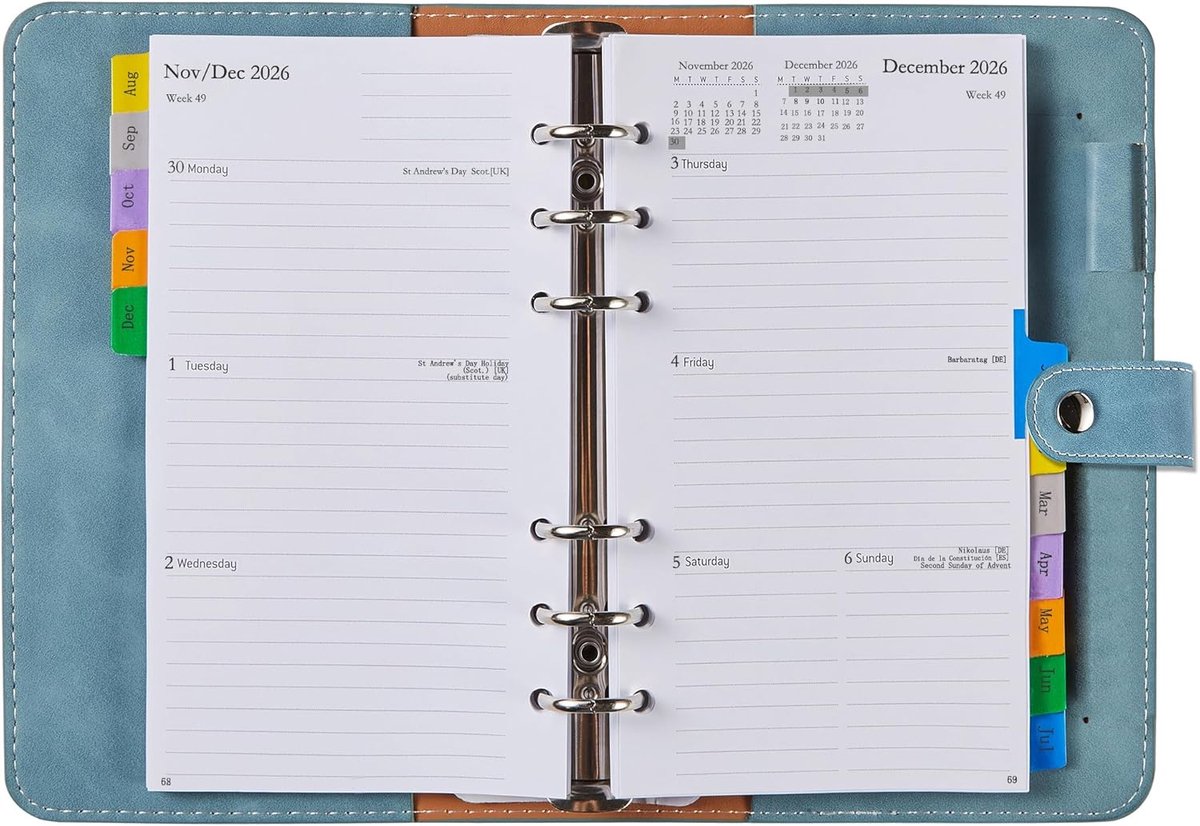 SnelShoppen - Navulbare Kalender 2026/2027 A6 Weekplanner met Tabs - PU Softcover - Kleine Schoolagenda - Ringband (Oog-JUL) - Zakagenda - Boekkalende