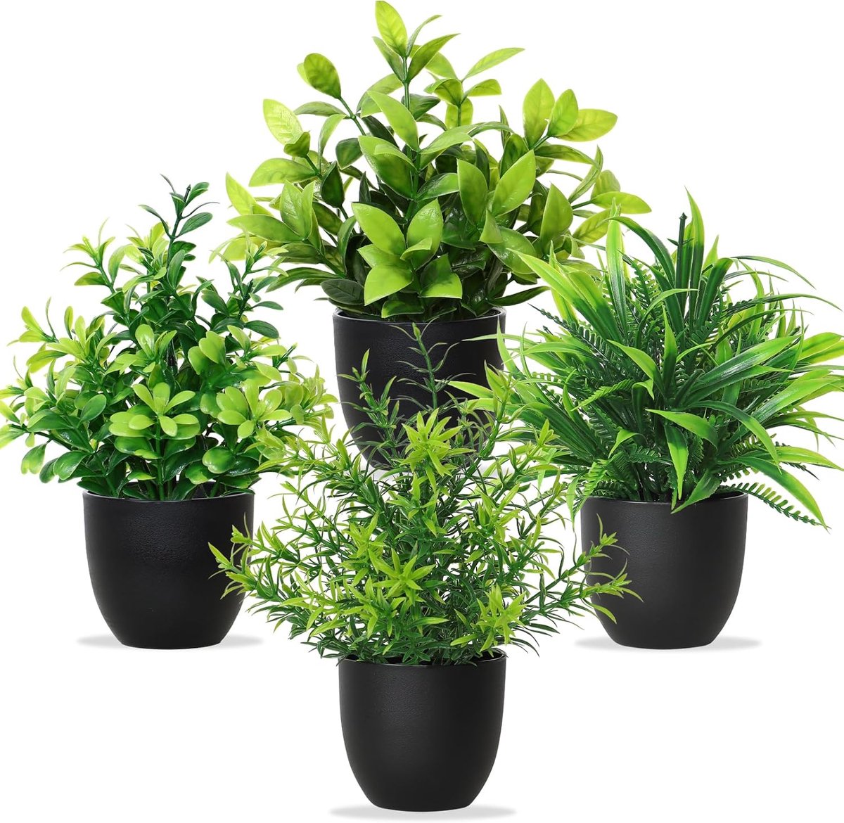 SnelShoppen - 4 Stuks Kunstplanten met Zwarte Pot - Kleine Groene Planten Decoratie - Kunststof Planten voor Binnen - Ideaal voor Kantoor, Thuis, Slaa