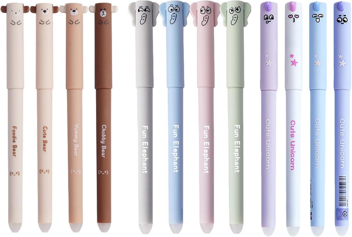 Erasable gelpennen 0.5mm - set van 12 - pastelkleuren met dierenmotieven - ideaal voor school en kantoor - ShopVlot