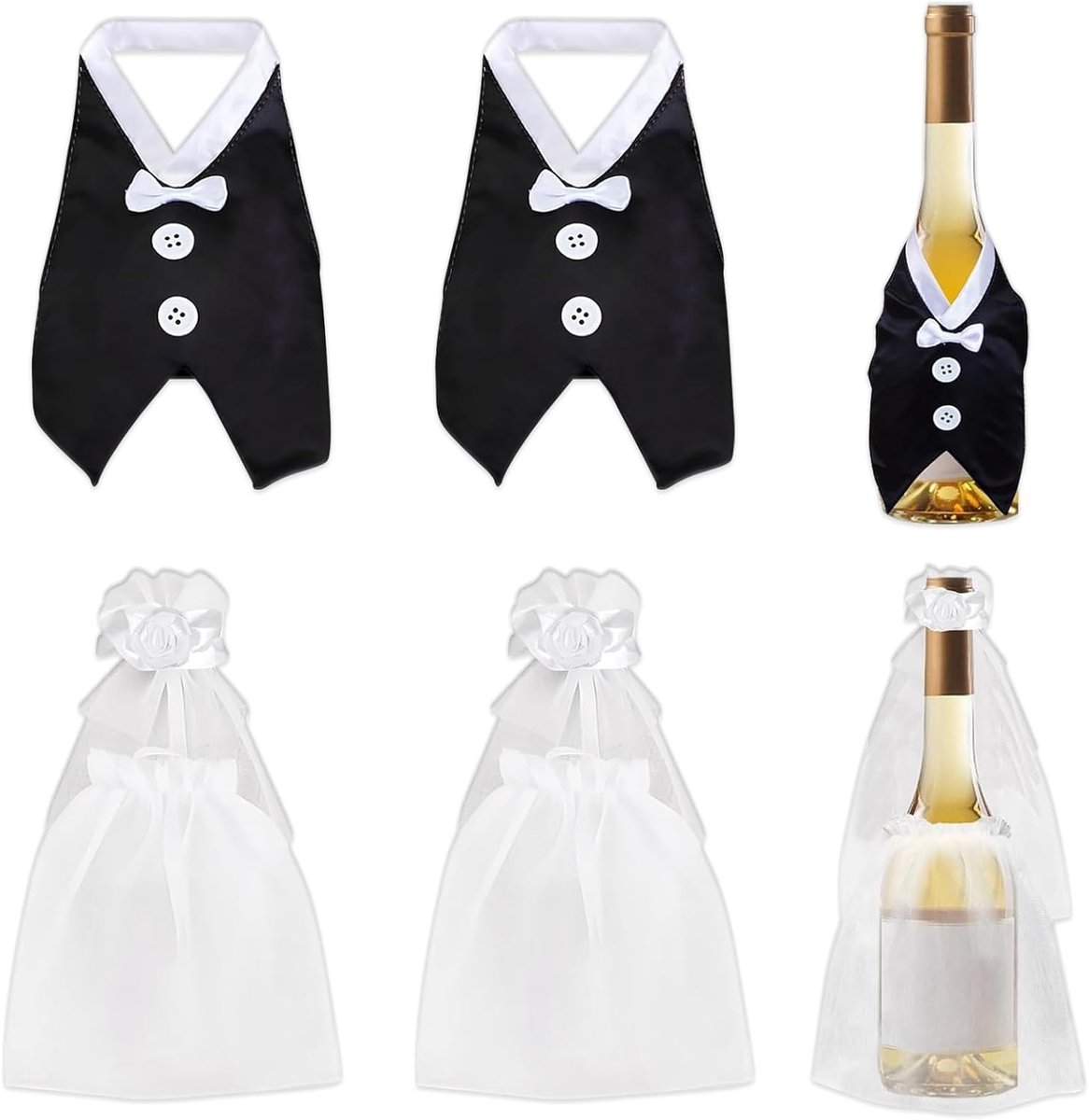 SnelShoppen - 4 Delen Bruiloft Wijnfles Decoratieset, Wijnfleshoezen voor Bruid en Bruidegom, Decoratie voor Bruiloft, Flessen Decoratieset