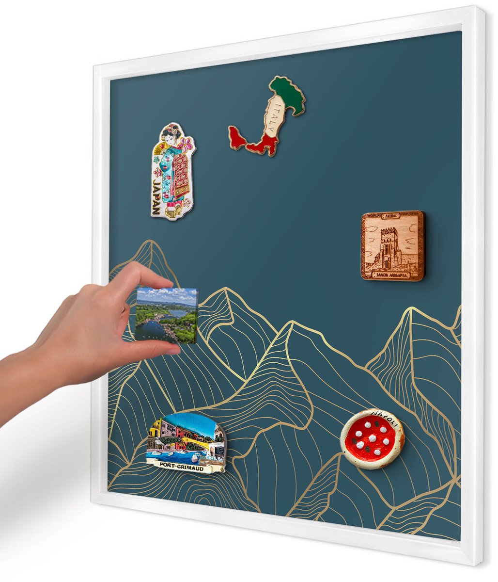 Artprintcave Blauw Magneetbord mit Witte Lijst - 50x50 cm - Bergminimalisme Magneet Bord mit Frame - Minimalist Notitiebord - Landschappen