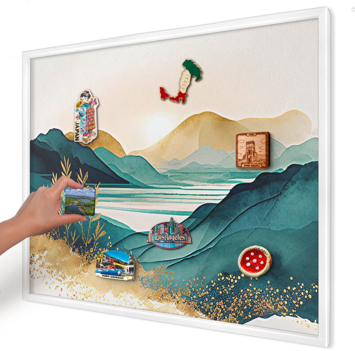 Artprintcave Turkoois Magneetbord mit Witte Lijst - 80x60 cm - Een Vredig Uitzicht Bord Voor Magneten - Waterverf Magneet Bord mit Frame - Landschappen