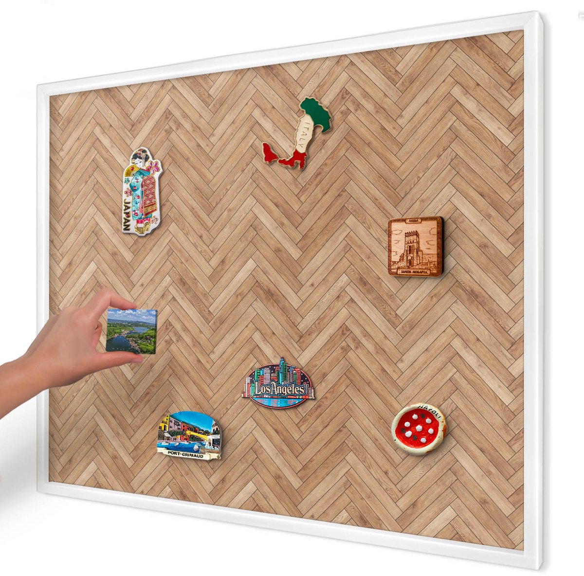 Artprintcave Bruin Magneetbord mit Witte Lijst - 80x60 cm - Visgraatpatroon Magneetbord Voor Foto's - Geometrische Wandbord Magnetisch - Texturen