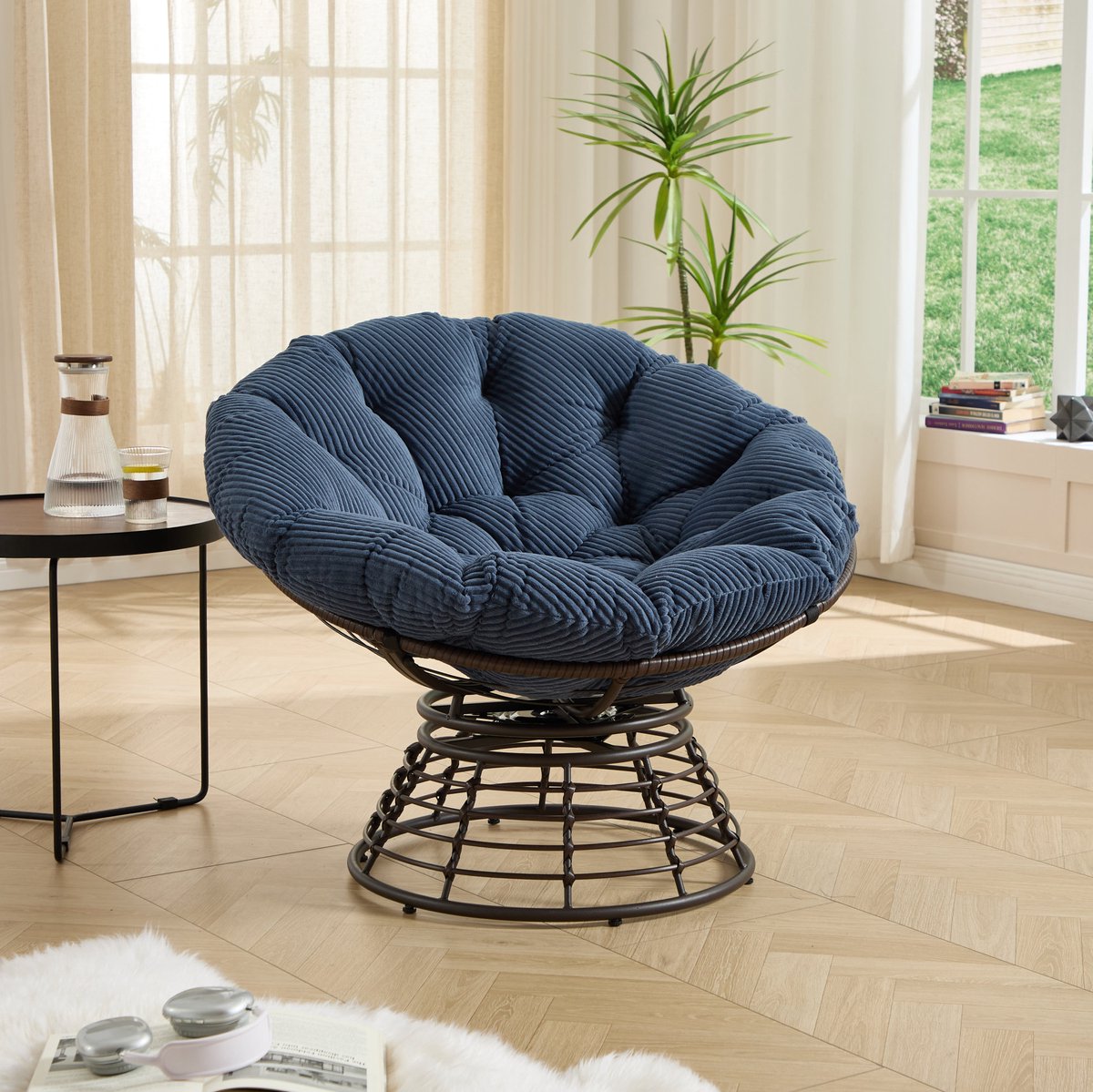 MODENUIT Fauteuil 92 x 67 cm - 360° Draaibaar - Voor Woonkamer En Balkon - Metaal Rotan - Bruin Blauw