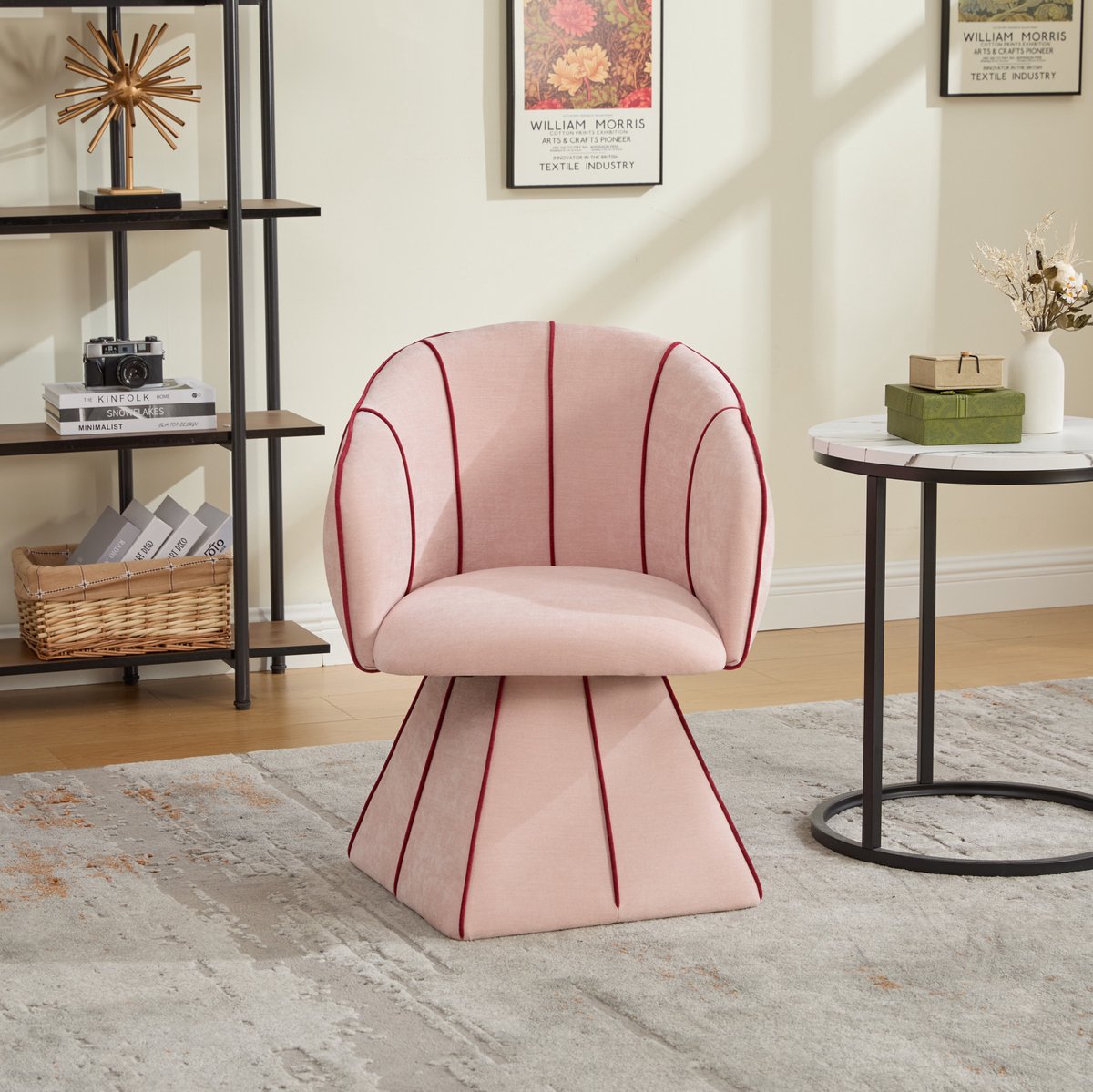 REDOM - Fauteuil - Ergonomische hoge rugleuning - 360° draaifunctie - Brede armleuningen - Scandinavische stijl - Chenille stof - Roze - 56 x 54 x 74,5 cm