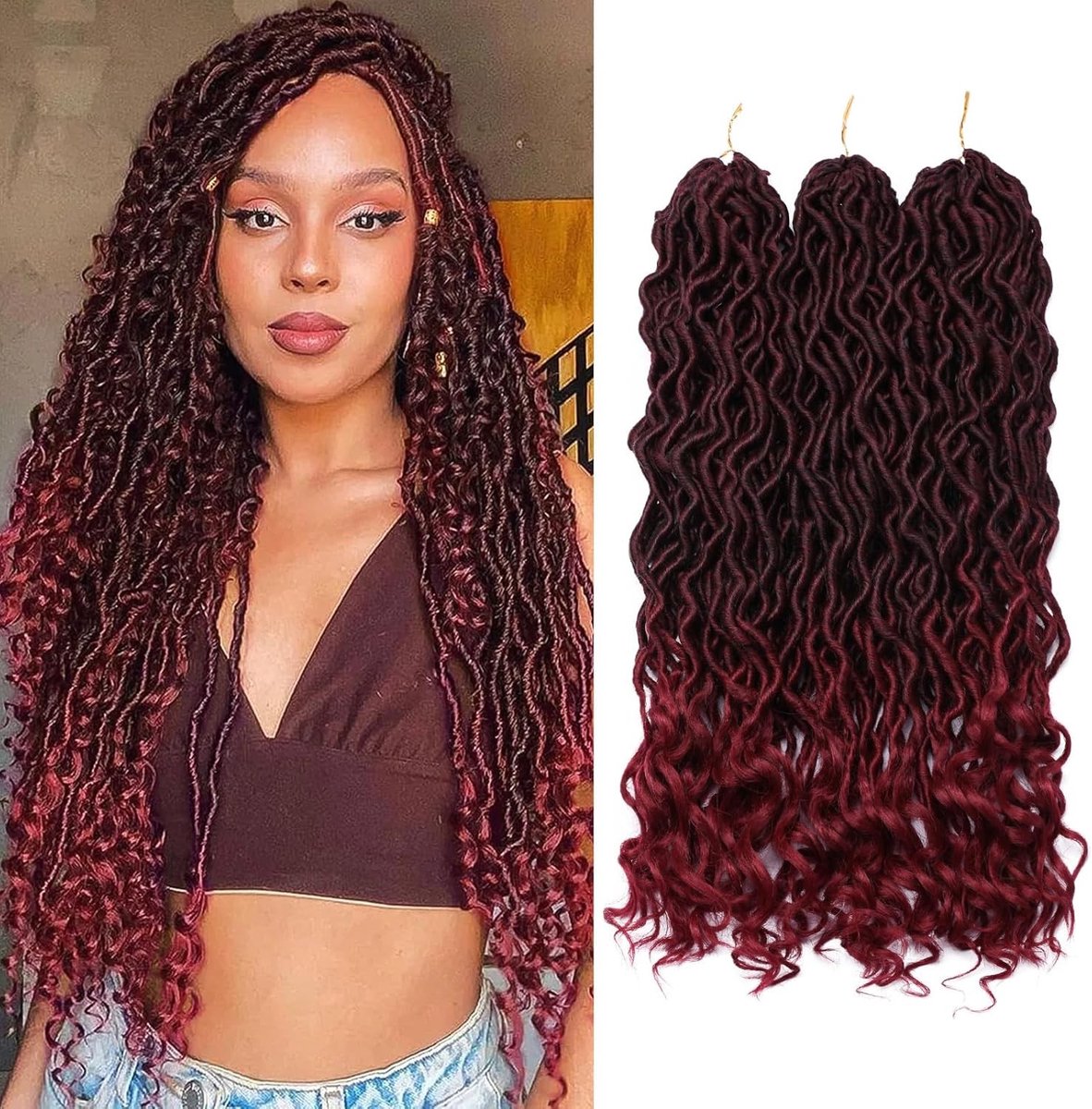 Wave Faux Locs Haarkapsel met Krullende Einden - Diepe Vlecht Haarextensions van 50 cm in Burgondisch Zwart voor een Prachtige Look