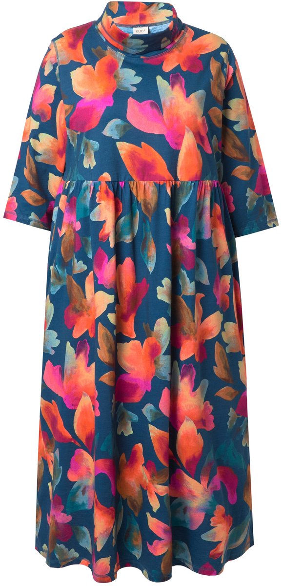 Ulla Popken Dames - Jersey maxi-jurk opstaande kraag 3/4-mouw - Marine - Maat 50+