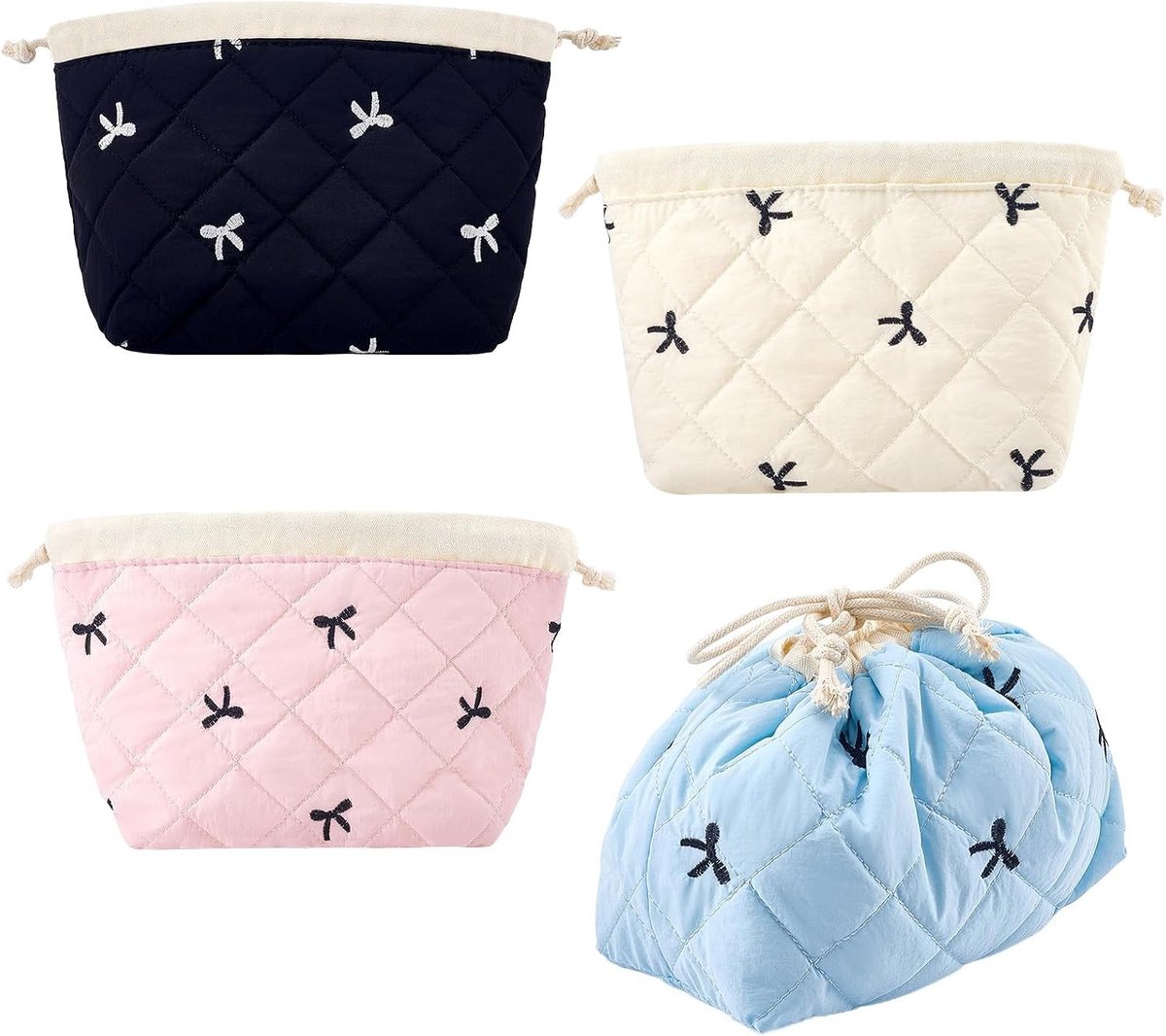 4 stuks strik katoen trekkoord make-up tas, schattige coquette cosmetische tassen, draagbare reizen toiletartikelen - ShopVlot