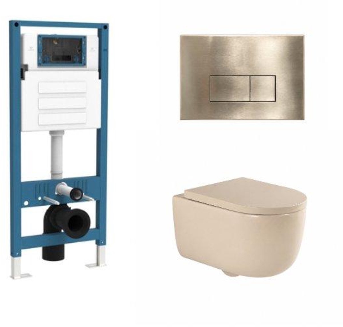 QeramiQ Dely Swirl Toiletset - inbouwreservoir Qeramiq Flush - 35mm zitting - metaal messing geborstelde bedieningsplaat - rechthoekige knoppen - beige
