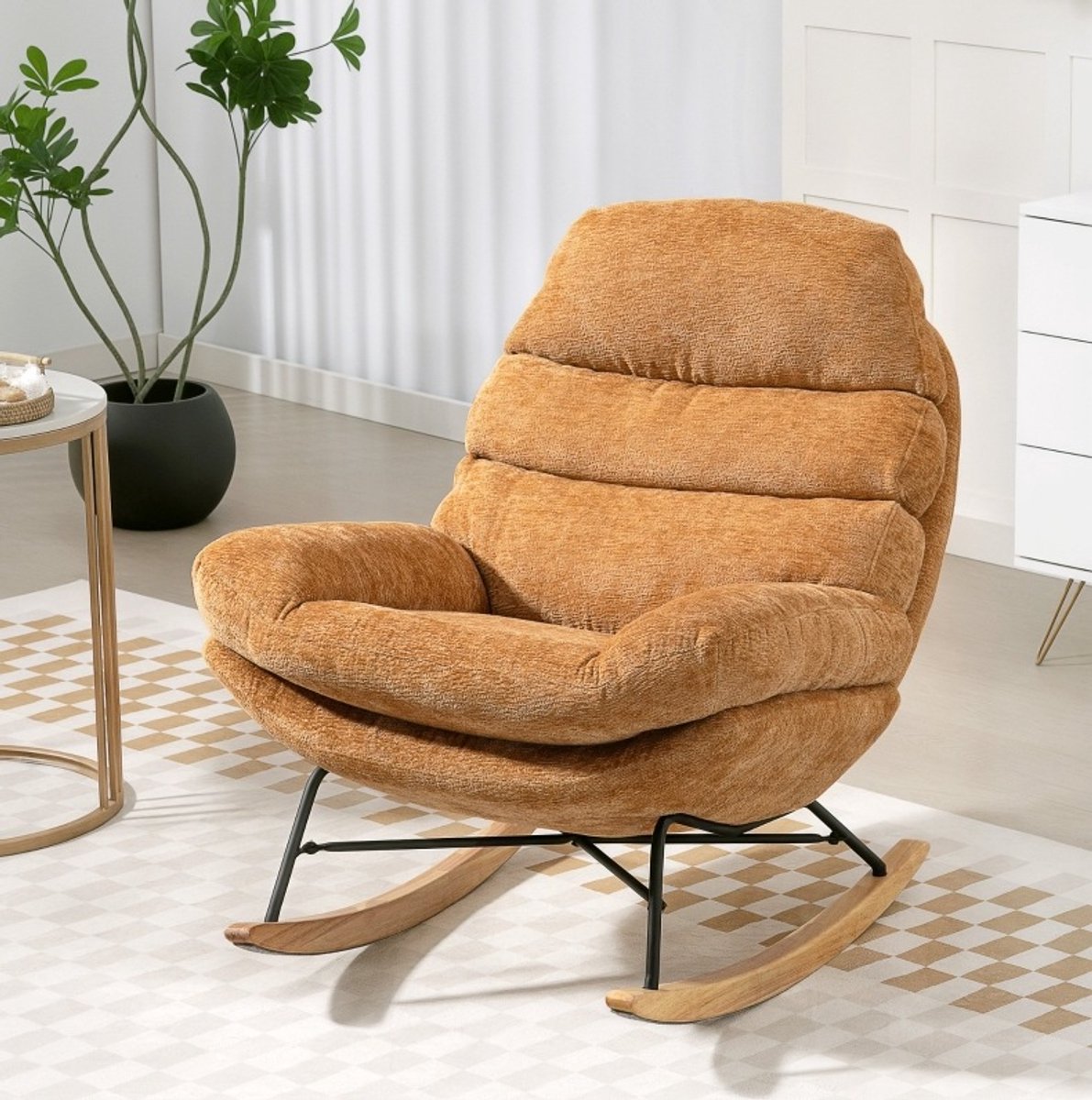 MODENUIT Fauteuil 80 x 103 x 91 cm - Schommelstoel Met Armleuningen - Voor Woonkamer En Leeshoek - Stof - Geel