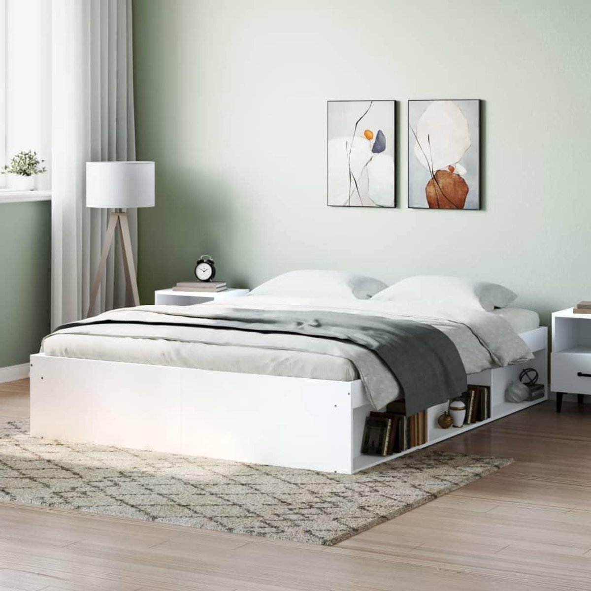 Bedframe met Opbergruimte - Houten bedframe - Moderne slaapkamer - 6 Extra vakken - 160x200 cm - Wit