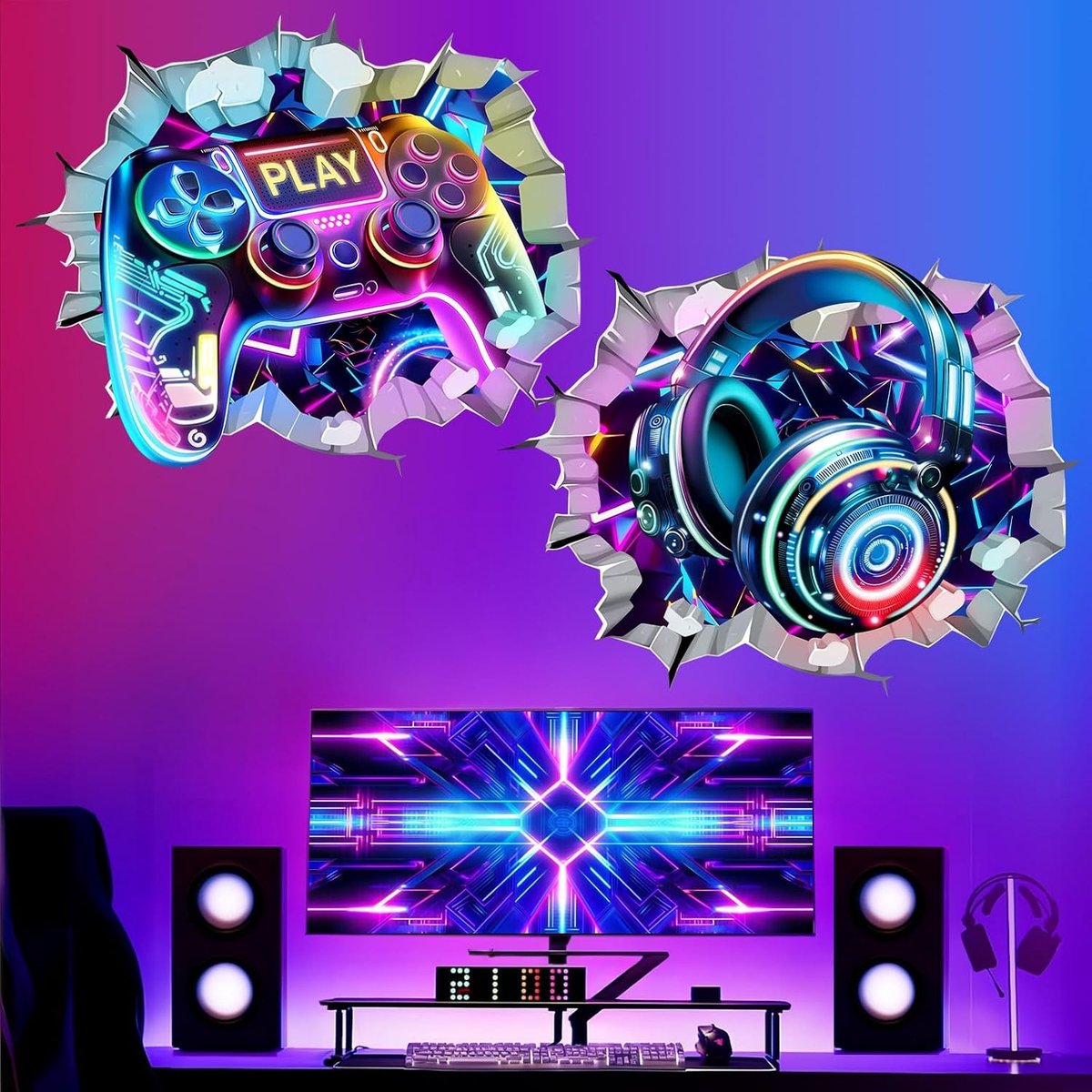 3D Gamer Wandstickers Set van 2 - Videogame Controller Decoratie voor Jongens Slaapkamer en Speelkamer