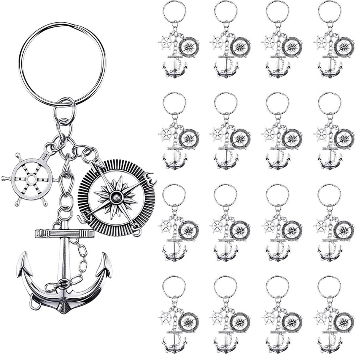 Omgoods- Sleutelhanger Antiek Zilver - Nautische Sleutelhanger - Anker/Scheepswiel - 20 Stuks - Bulkset - Voor DIY Decoraties - Sleutelhangers