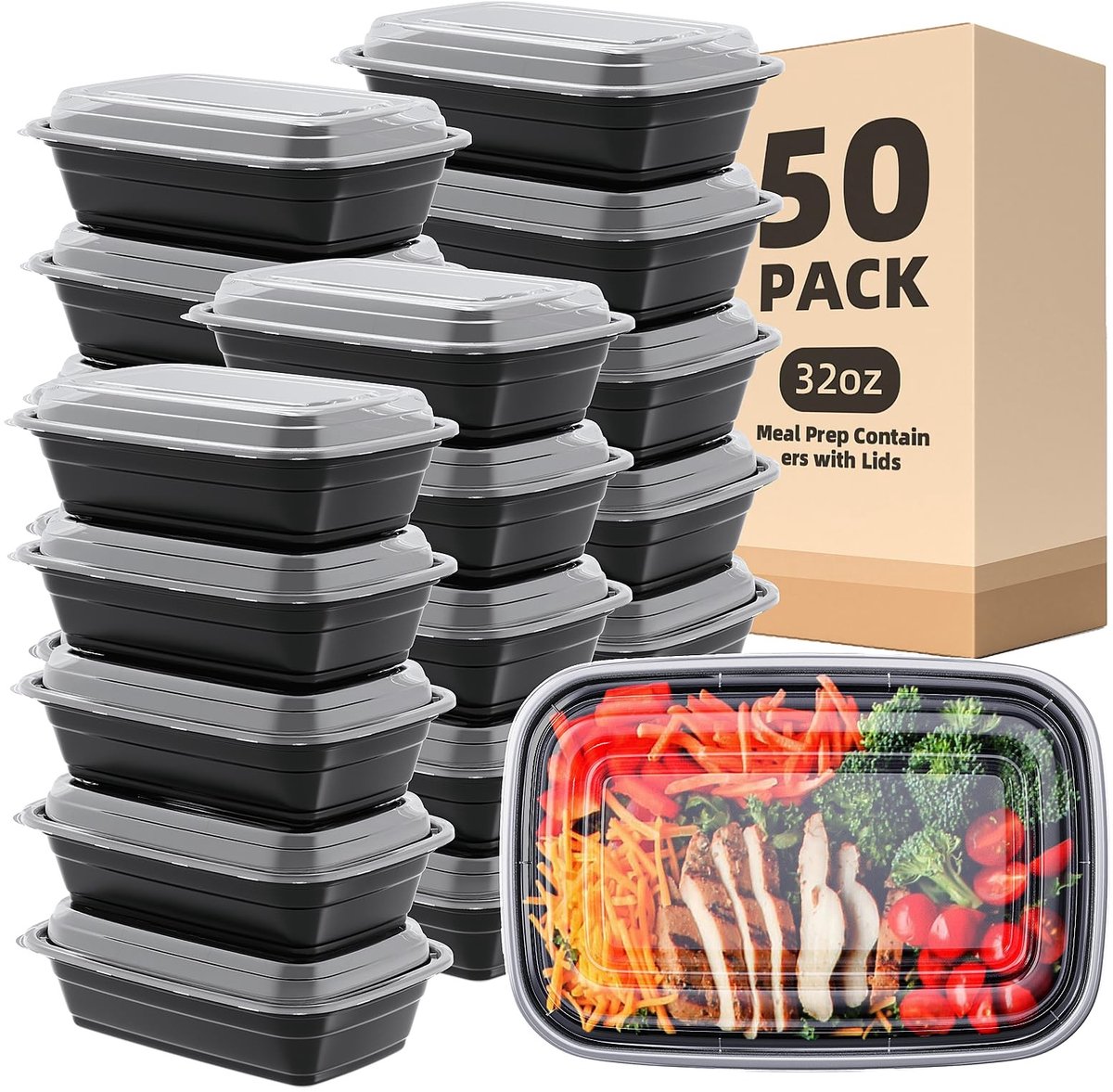 Omgoods - 50 Pack 32 oz Maaltijd Prep Containers met Deksels - Herbruikbare Plastic Lunch Box