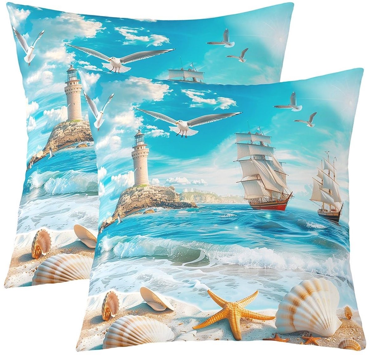 Omgoods - Set van 2 Kussenslopen met Lighthouse Print - 60 x 60 cm