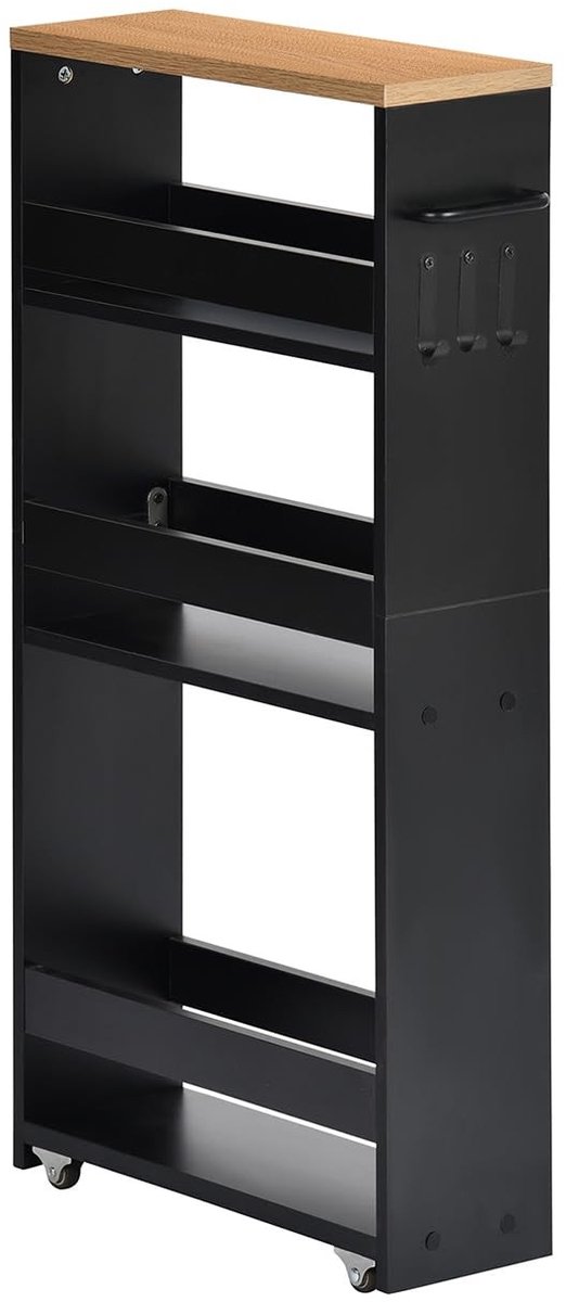 Omgoods- Keukentrolley smal 4 etages - Serveertrolley op wielen - Nisrek met handvat - Badkamerrek hout - 40 x 14 x 80 cm - Zwart/eiken kleuren - Opbergwagen