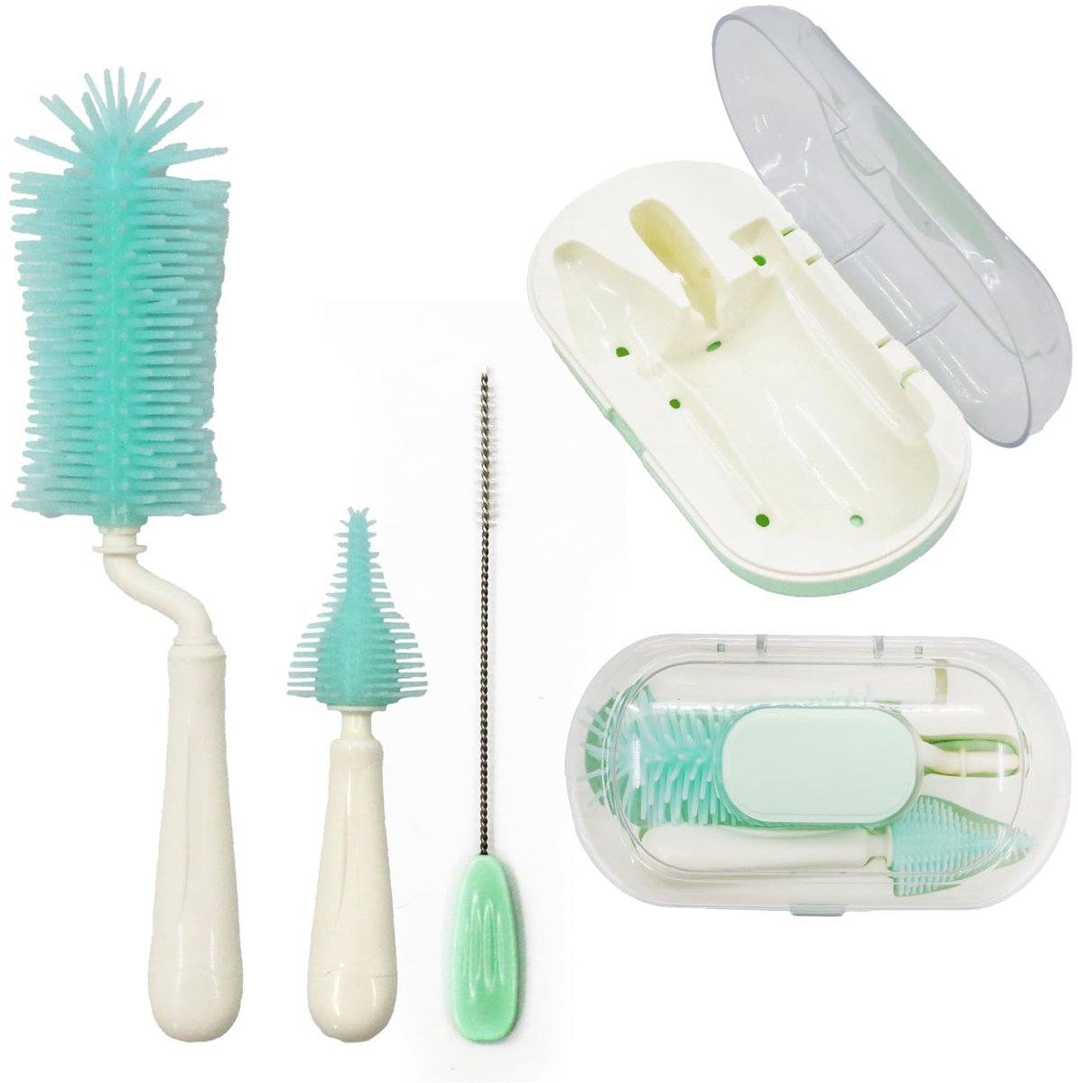 Omgoods - 7-in-1 Babyfles Borstel Set met Silicone Borstel en Zeepdispenser