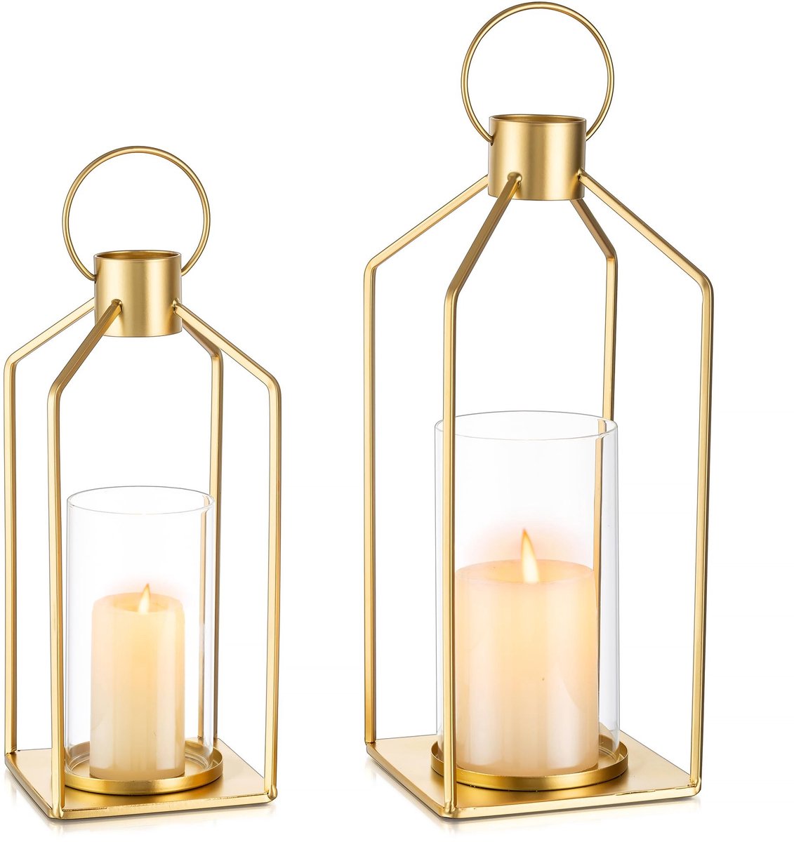 SnelShoppen - Set van 2 Gouden Kaarsenhouders met Glazen Cilinder - Moderne Lantaarns voor Tafeldecoratie - Perfect voor Bruiloften, Woonkamer en Cupb