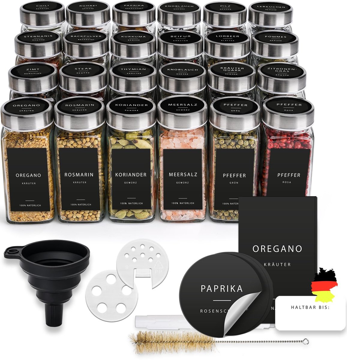 Omgoods - Set van 24 Vierkante Specerijenpotjes met RVS Deksel en Labels