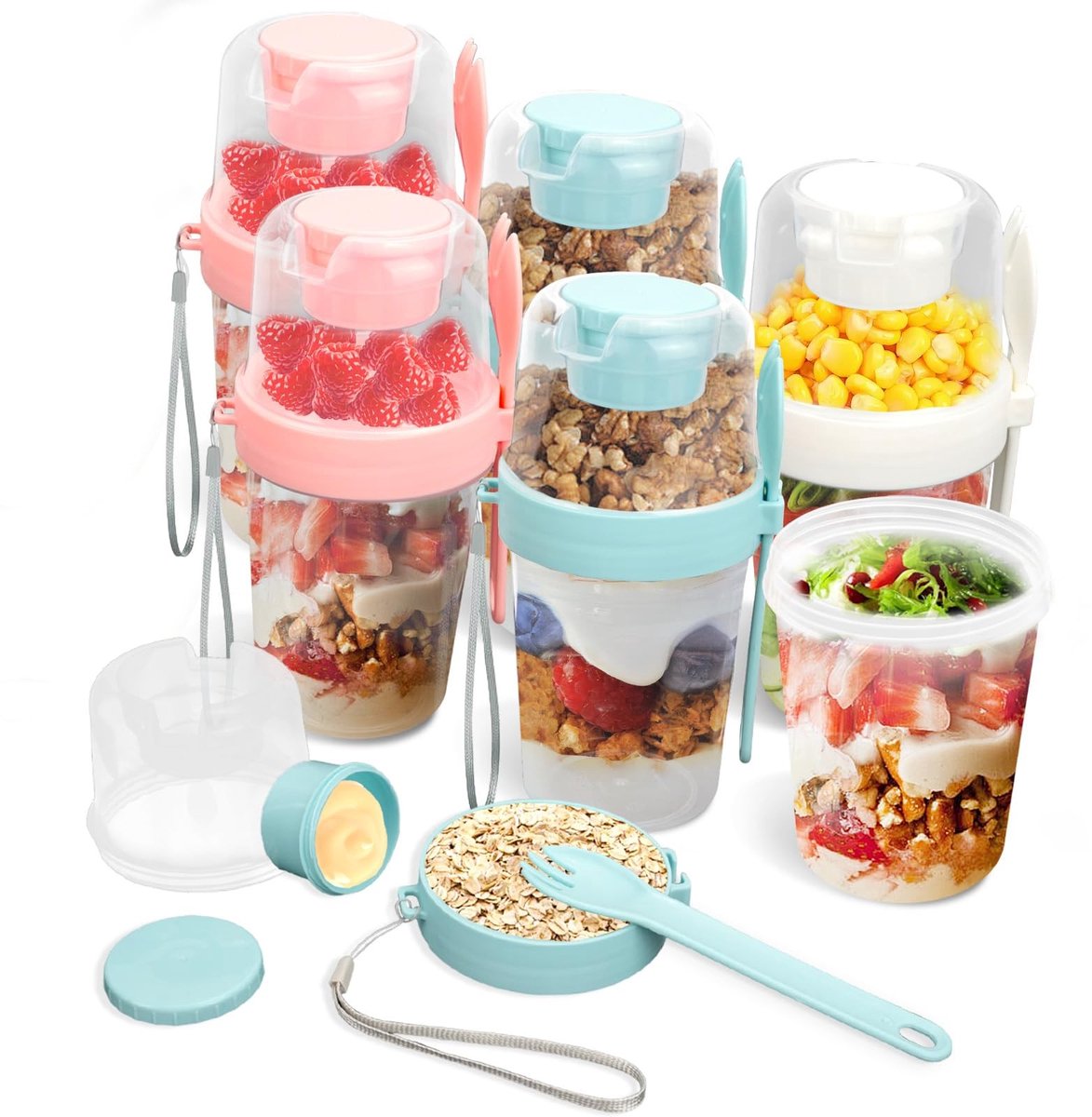Omgoods - Set van 6 Cereal Cups met Lepel voor Onderweg