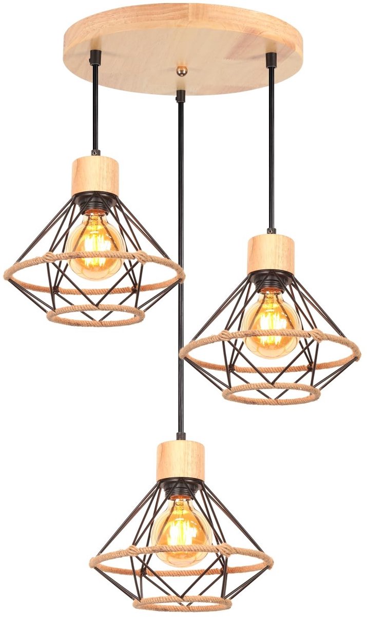 Omgoods - Vintage Hanglamp met 3 Vlammen E27 en Hennep Touw