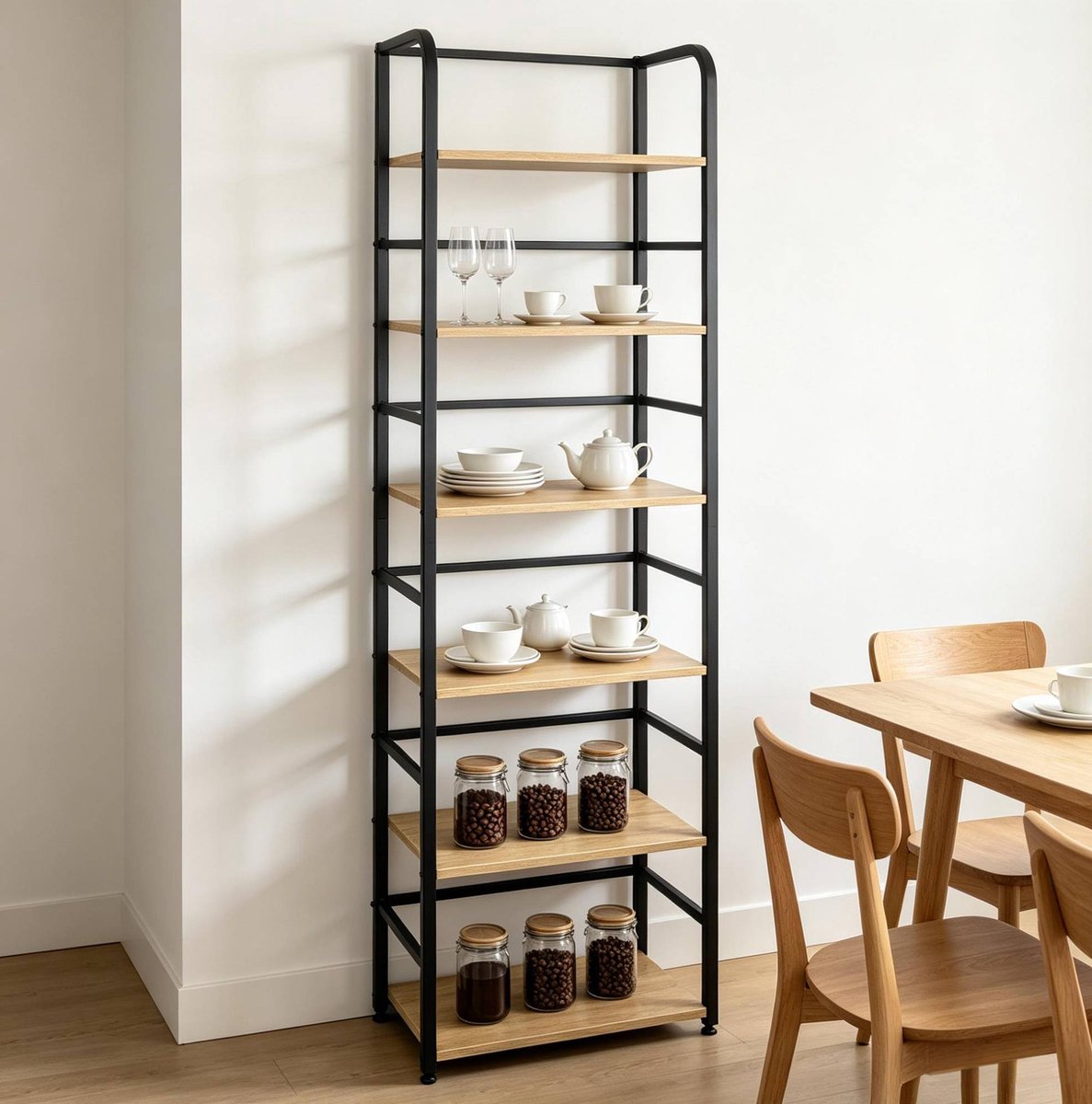 REDOM - Boekenkast - 6-laags opbergruimte - Open stellingkast - Antikantelvoorziening en antislipvoetjes - Industriële stijl - MDF en metaal - Zwart en licht eiken - 50 x 30 x 176 cm