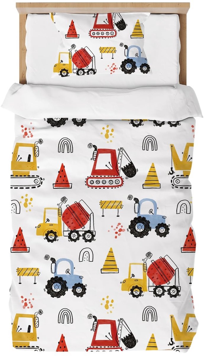 Omgoods - Kinder Dekbedovertrek 120 x 150 cm, Multicolor, Tractor en Vrachtwagen