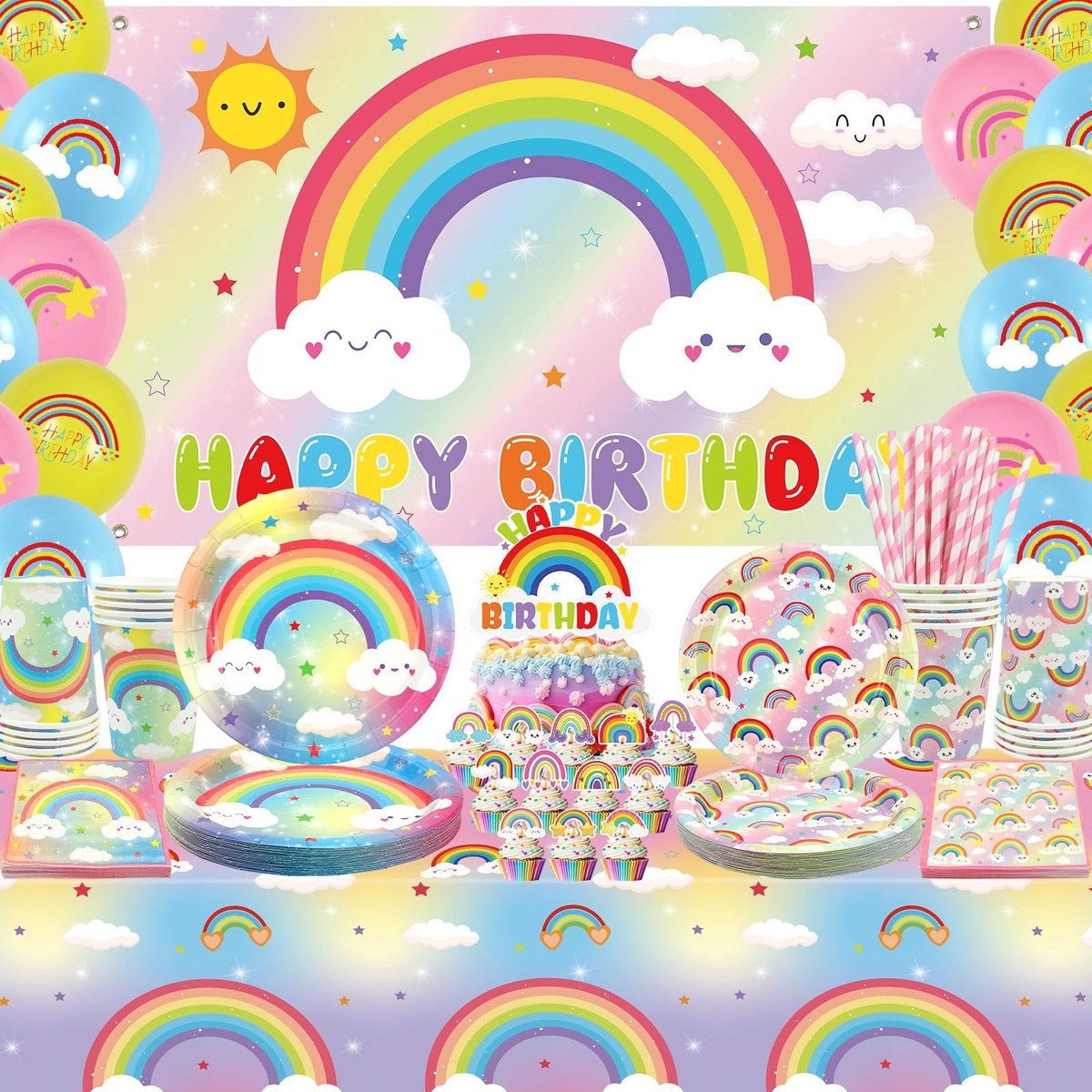 Omgoods - Regenboog Verjaardagsdecoraties Set met Achtergrond en Accessoires voor 20 Gasten