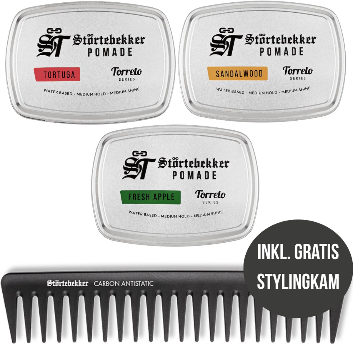 Störtebekker® Premium Pomade Waterbasis Probeerset + Gratis Styling Kam - 3x Pomade Heren - Medium Hold - Medium Glans - Haarpomade 125ml - Haarstyling Hair Wax Water Based Made in Germany