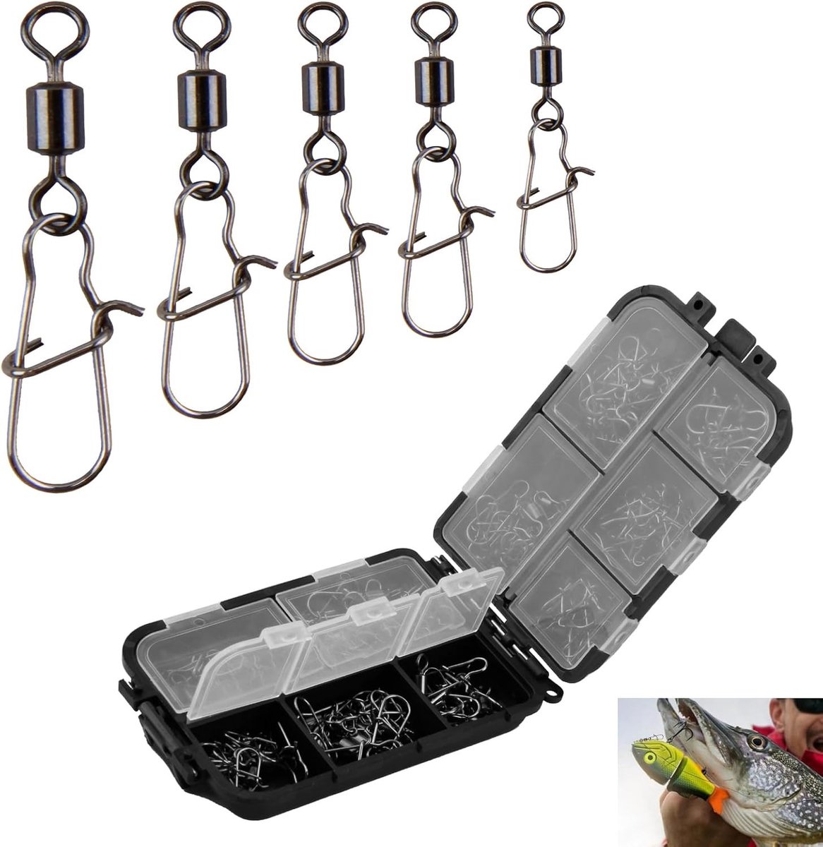 Complete Set van 125 Rvs Carabiners en Spinners voor Werpfishing, Maten 4# 6# 8# 10# 12#, Perfect voor Forelvissen en Recreatief Vissen