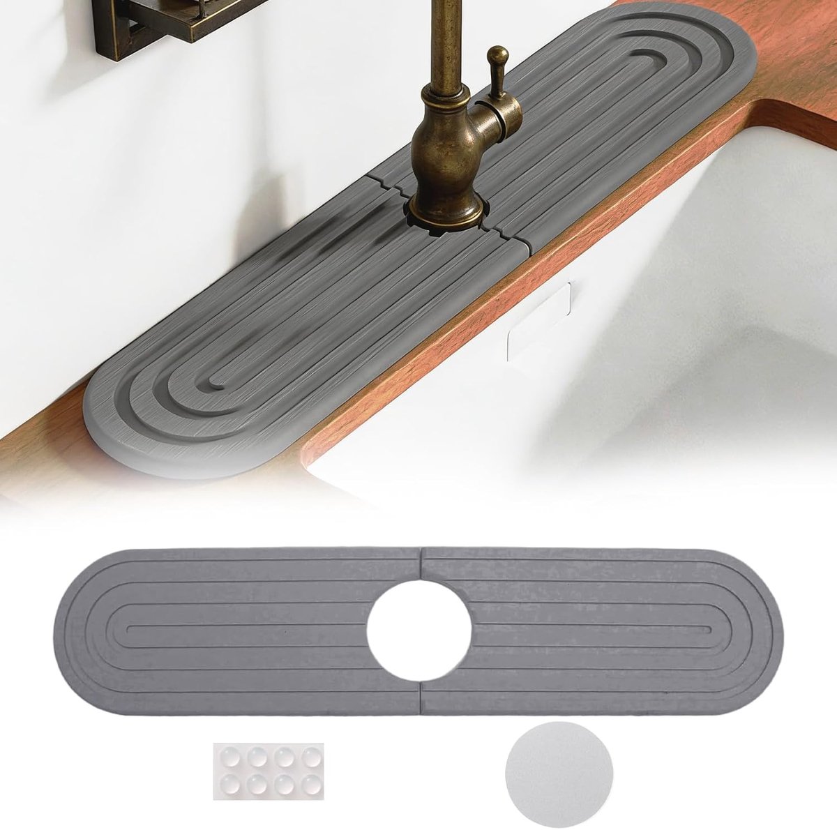 SnelShoppen - Stone Faucet Mat 40x10cm Donkergrijs Tapmat Absorberend van Kieselgur, Inclusief Schuurpapier en Rubber Pads voor Keuken en Badkamer