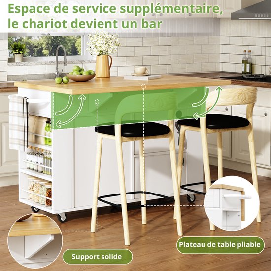 FloraGrace Buitenkeuken - Mobiele Keukeneiland Met Klapbaar Werkblad En Stopcontact - Opbergruimte Op Wielen - MDF - 120x70x84 Cm - Naturel Wit — afbeelding 3