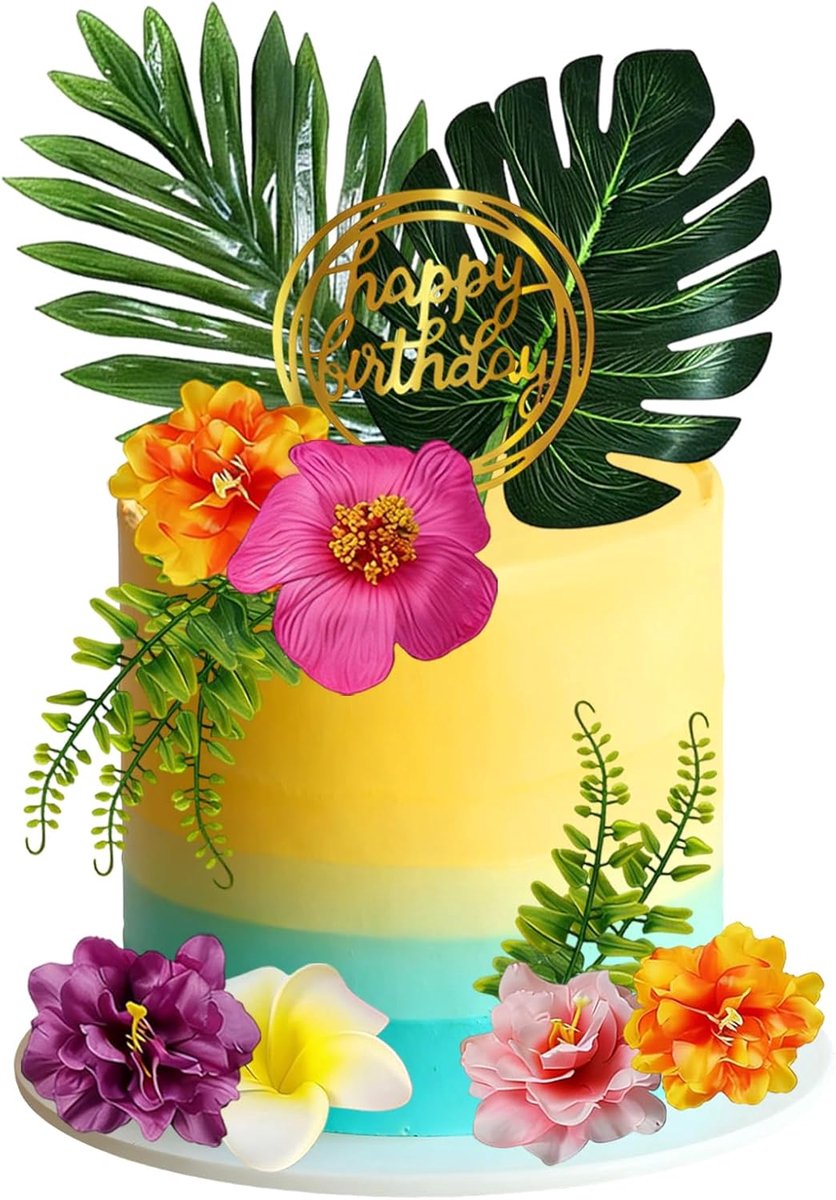 taartversieringen, zomer taartdecoratie, Happy Birthday taartdecoratie, taartdecoratie met bloemen, met hibiscusbloemen en palmbladeren, voor tropische Hawaii strand zomerfeestdecoratie (B
