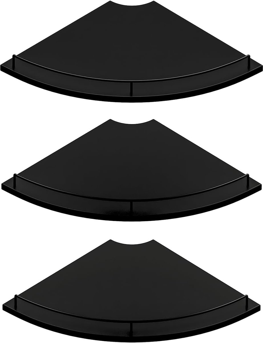 hoekplank voor wandmontage, 30 cm, 3-laags zwevend hoekplank, waaiervormig, rustiek houtdecor met hek, zwarte wandopslag voor woonkamer, slaapkamer, keuken, badkamer