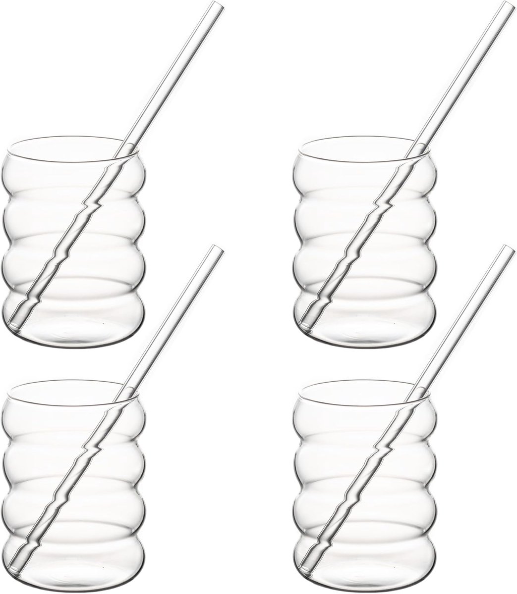 Bubble glazenset met glazen rietje, 4 x 350 ml, ideaal voor ijskoffie, water en cocktails, set longdrinkglazen, ijskoffieglazen, koffieglazen, Iced Coffee Bubble glas
