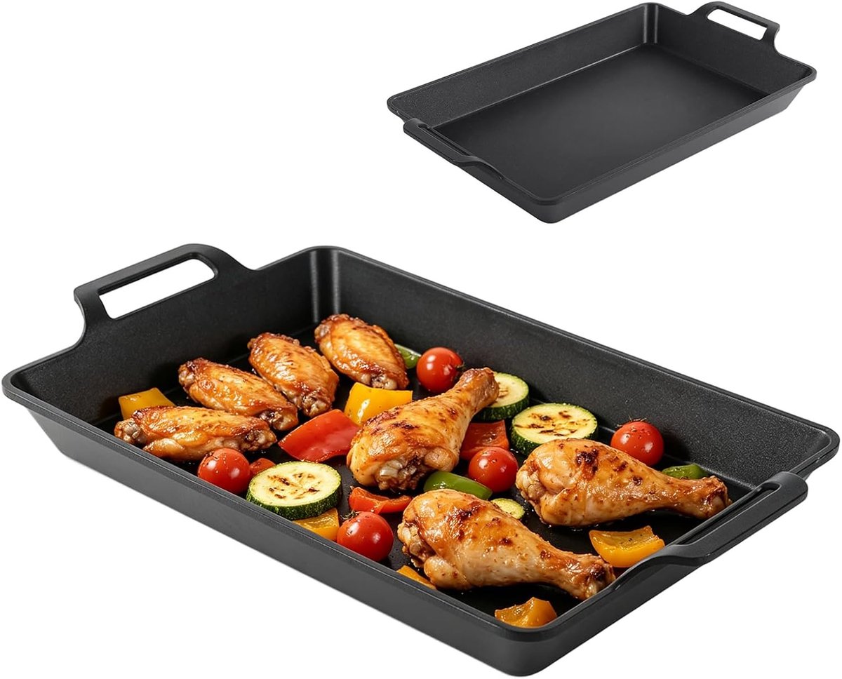 Gietijzeren pan, inductie, grillpan, rechthoekige grillplaat van gietijzer, voor gasgrill, oven, gas of camping outdoor koken, 30 x 17 cm