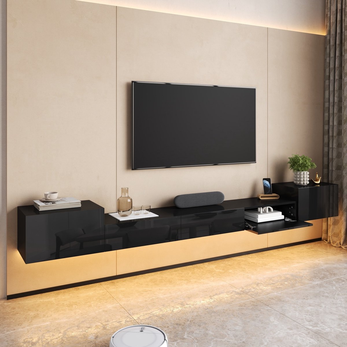 FloraGrace Tv Meubel - Wandhangend Met Hoogglans Deuren En Ledverlichting - Dichte Opbergkast Voor Woonkamer - Hout - 245x30x26 Cm - Zwart