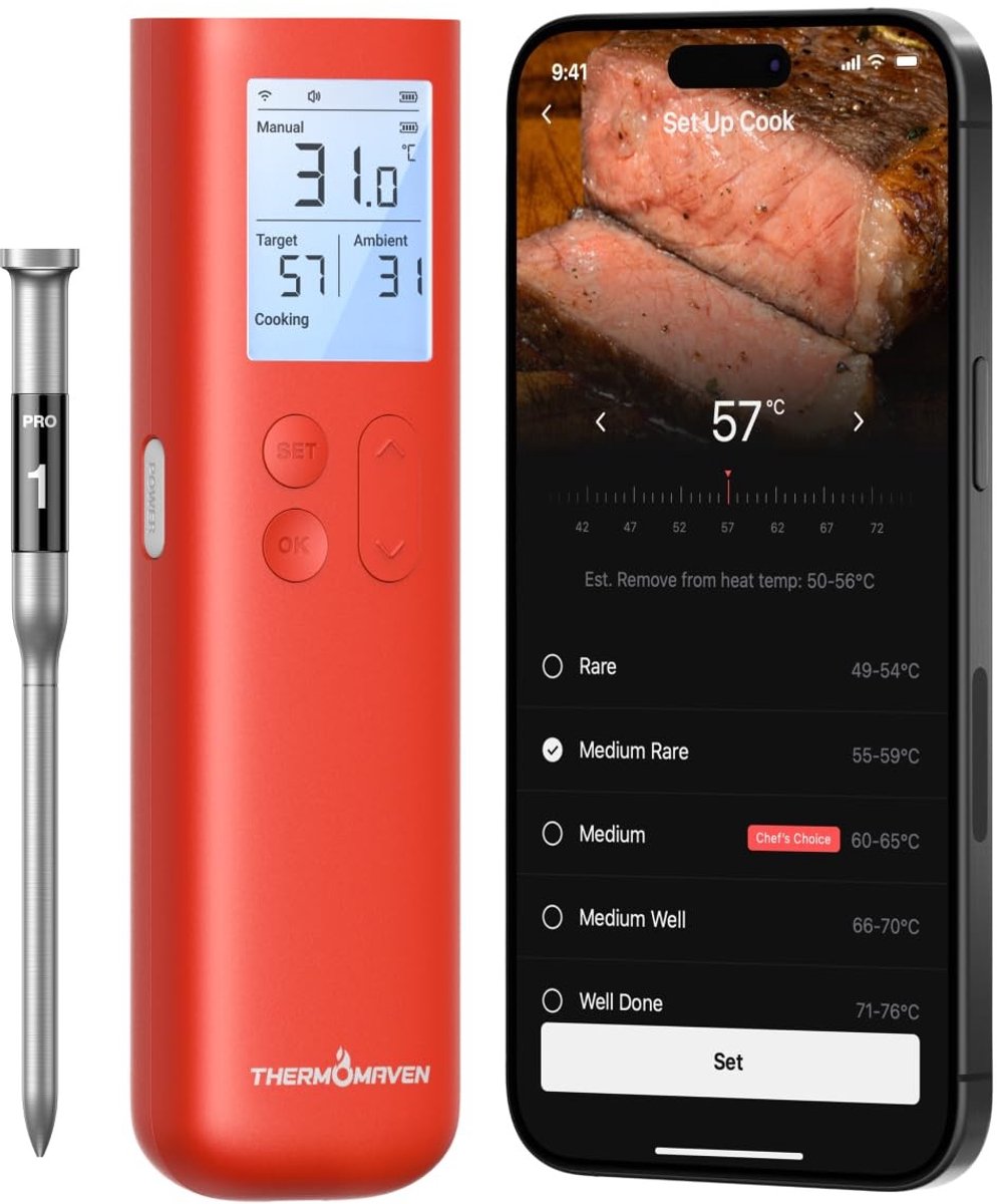Draadloze Vleesthermometer - 915m Sub-1G Bereik - NIST ±0,3°C - WiFi-App en Display - Voor BBQ, Smoker, Oven