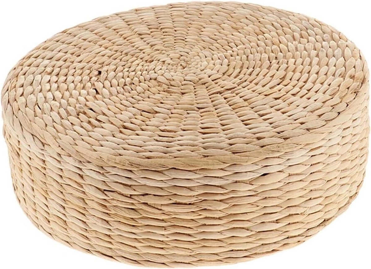 Vloerkussen - Zitkussen Poef - Meditatie en Ontspanning - Natuurlijk Stro Materiaal - 30 x 30 x 10 cm - Kaki