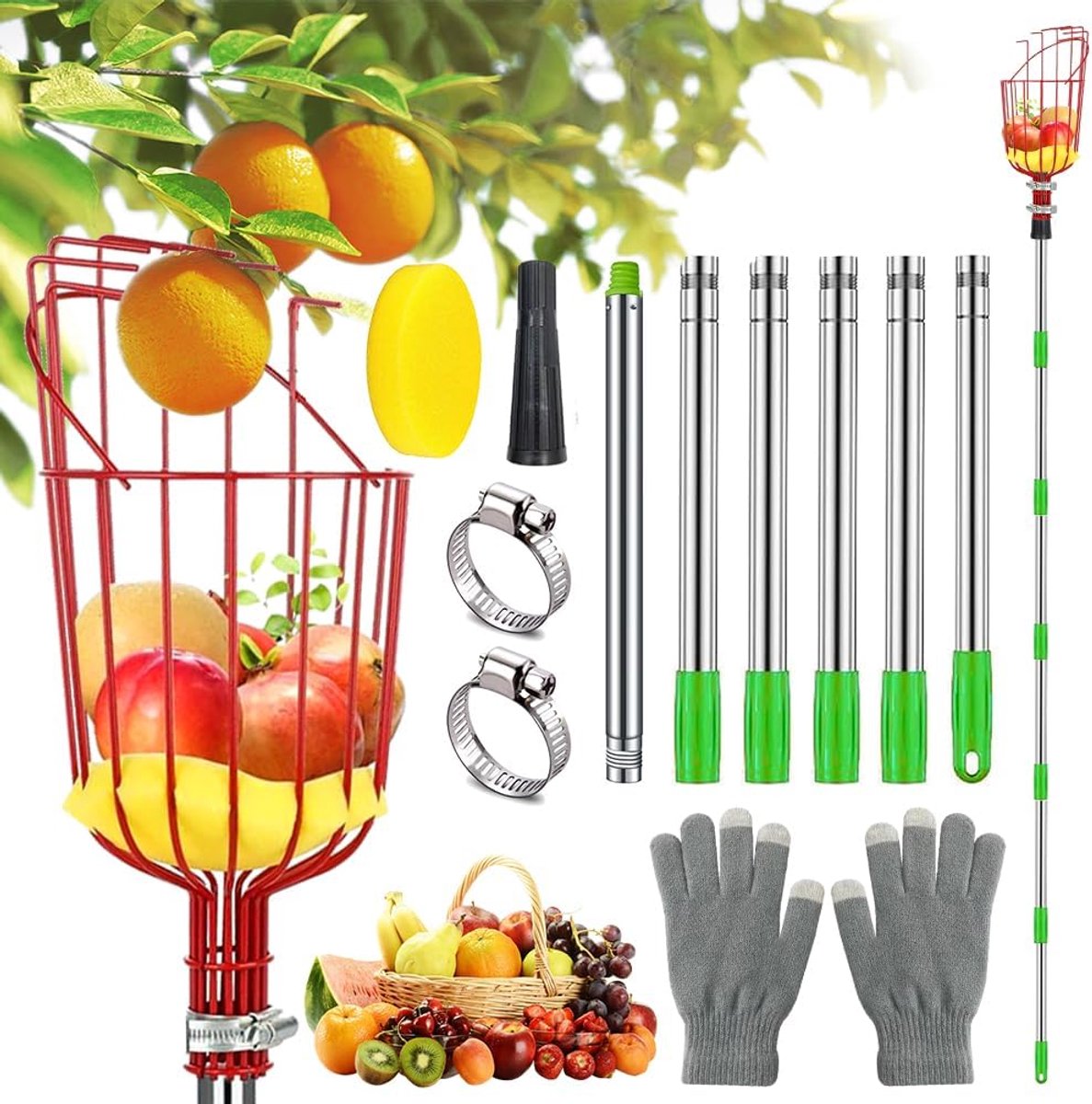 Fruitplukker, appelplukker, 2,6 m fruitplukker met steel, kersenplukker met schuimpads, plukhulp, eenvoudig te monteren, verstelbare splitverlenging, fruitplukker, stang
