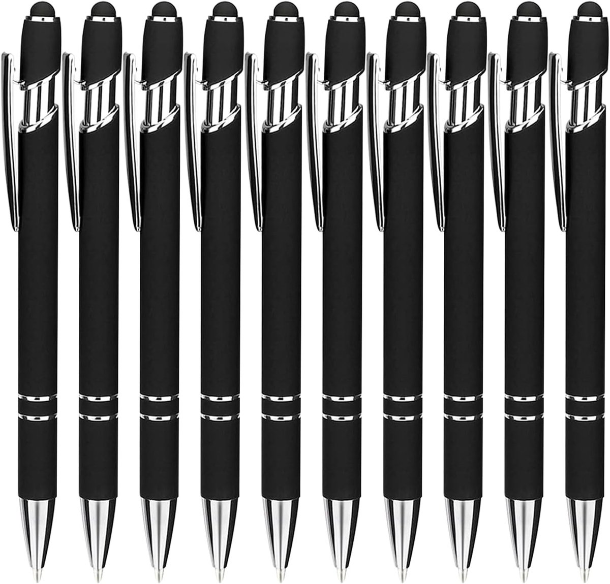 Hoogwaardige balpen met touchpen, 10 stuks, antislip gripzone, zwart, balpen, metalen set voor kantoor en huishouden